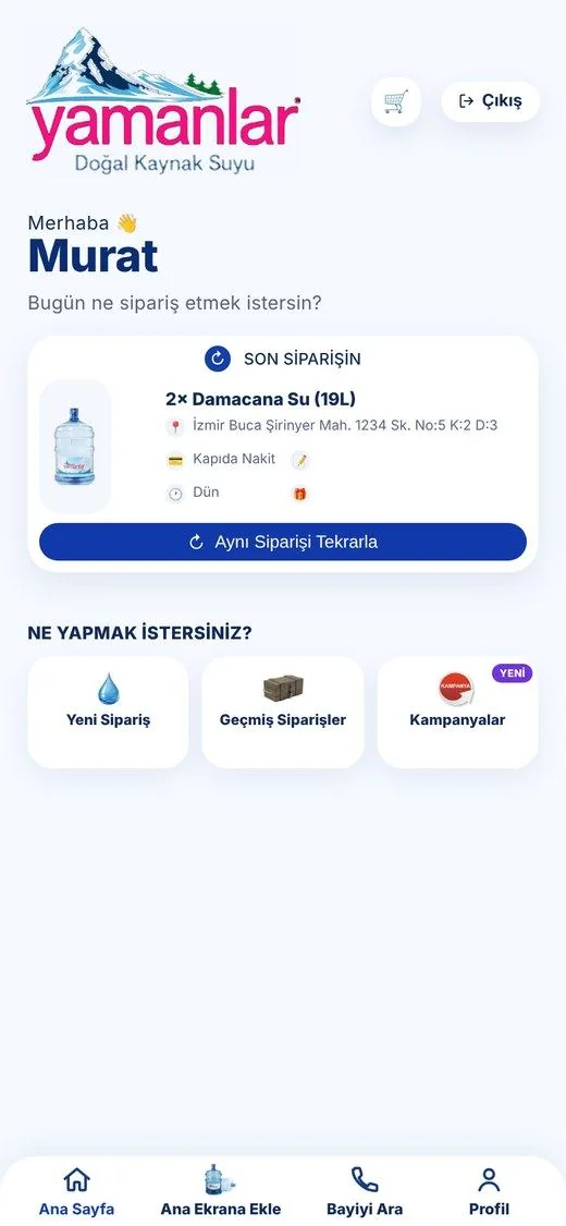 Buca Tüp Getir sipariş uygulaması ana ekranı